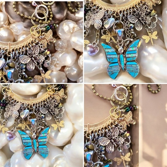 Vintage Turquoise, mother of pearl and abalone Butterfly charm necklace - Picture 12 of 17